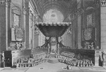 Heiligsprechung von Heiligen in der Peterskirche in Rom, 1712, graviert von T. Brown, aus 